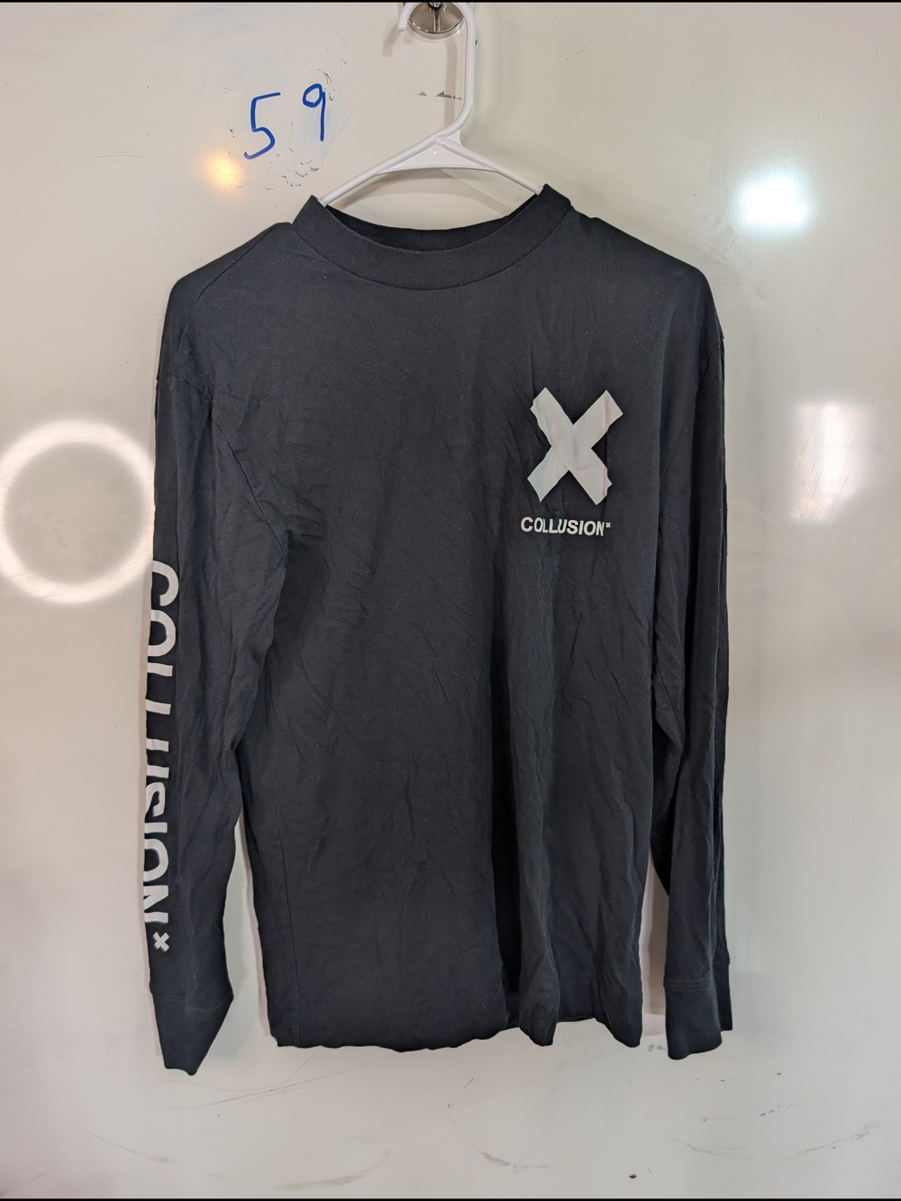 Collusion Women’s Black Long-Sleeve Graphic Tee with White X and Sleeve Text